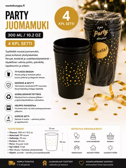 Musta Party muovimuki 4kpl 300ml - Kertakäyttömukit - 8719987601330 - 2