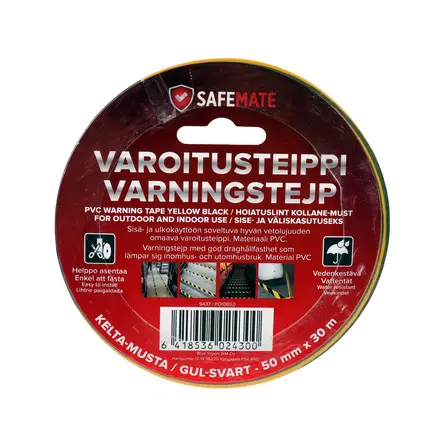 Safemate varoitusteippi 50mmx30m kelta-musta - Teipit - 6418536024300 - 2