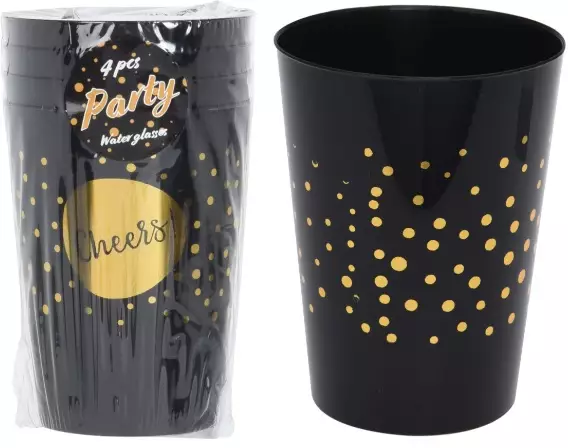Musta Party muovimuki 4kpl 300ml - Kertakäyttömukit - 8719987601330 - 1