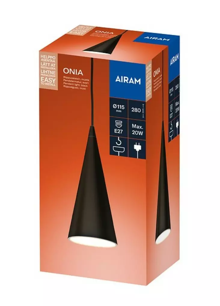 Airam onia riippuvalaisin E27 musta - Kattovalaisimet - 6435200309860 - 1