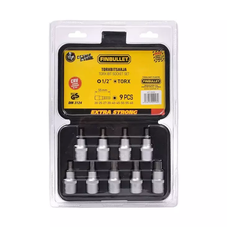 Finbullet Torxbit sarja 1/2" 9-osainen - Hylsysarjat - 6438152029480 - 1