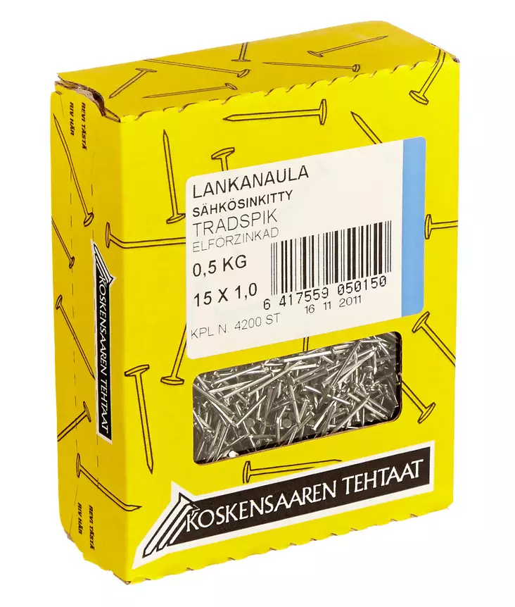 Lankanaula sähkösinkitty 15x1mm 0,5kg - Naulat - 6417559050150 - 1