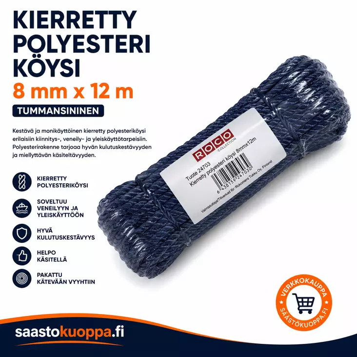 Polyesteriköysi kierretty 8mm 12m - Narut ja köydet - 6438159247030 - 1