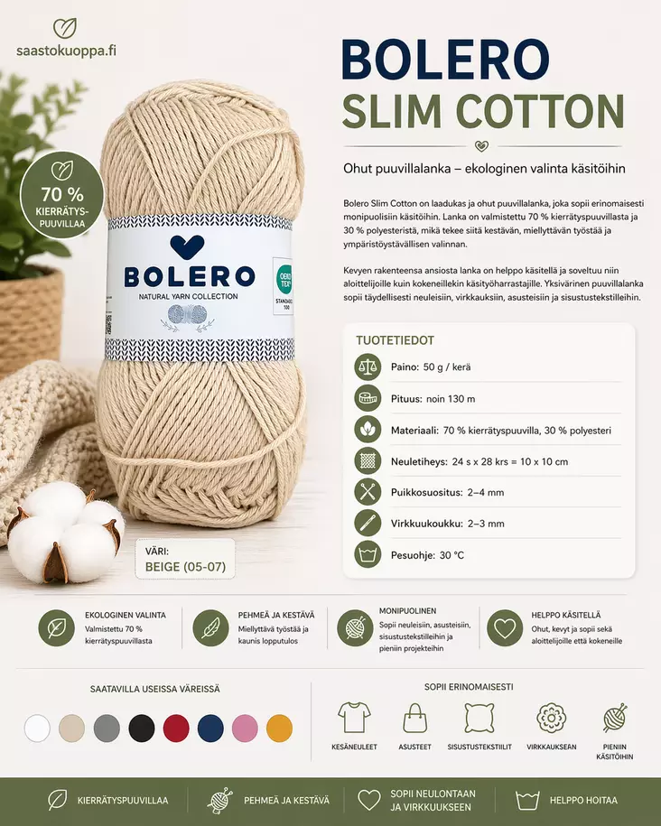 Puuvillalanka recycled Beige 50g - Langat - 6438506011550 - 1