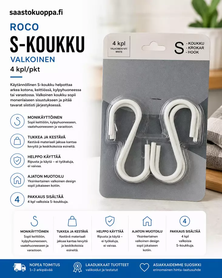 Roco valkoinen S-koukku 4kpl/pss - Makuualustat ja ilmapatjat - 6438159918190 - 1