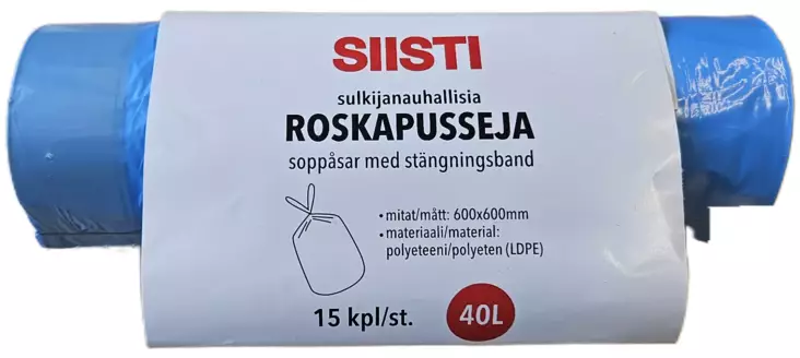 Roskapussi sulkijalla 40L 15kpl/rll sini - Roskapussit - 6438506000530 - 1