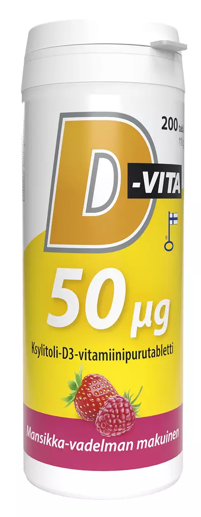 Vitabalans D-Vita 50ug 200 tabl. mansikk - Vitamiinit ja mineraalit - 6410530034750 - 1