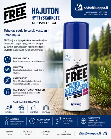 Free hyttyskarkote aerosoli 50ml - Hyttysten karkoitus - 6414504818711 - 1