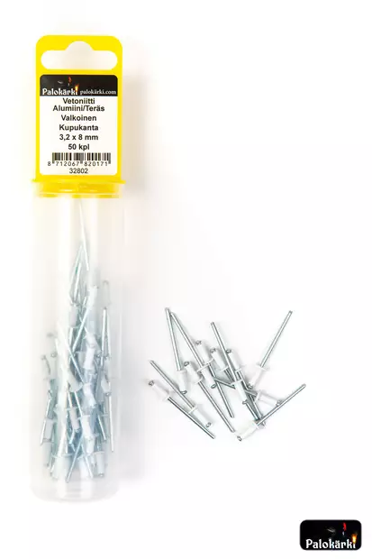 Vetoniitti alumiini/teräs valkoinen kupukanta 3,2 x 8 mm, 50 kpl - Niitit ja hakaset - 8712067820171 - 1