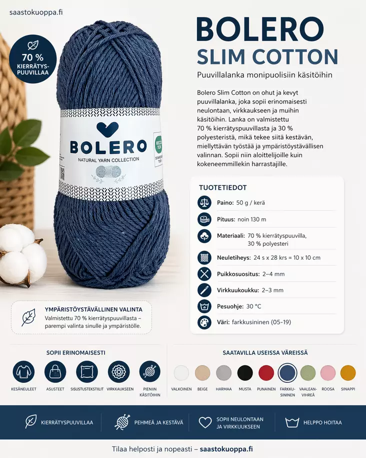 Puuvillalanka recycled Jeans blue 50g - Langat - 6438506011581 - 1