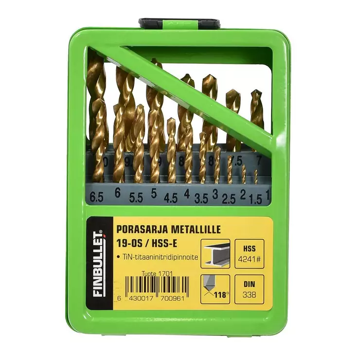 Finbullet Poranteräsarja 19-os 1-10 mm hss-e tin - Metalliporanterät - 6430017700961 - 1