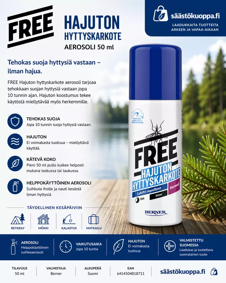 Free hyttyskarkote aerosoli 50ml - Hyttysten karkoitus - 6414504818711 - 1