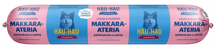 Hau-Hau Champion Makkara-ateria siipikarjaa ja lohta 500 g - Koiran märkäruoat - 6438554000681 - 1