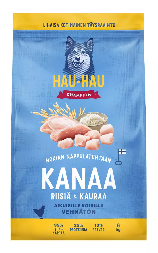 Hau-Hau Champion Nokian nappulatehtaan Kana-riisi-kaura täysravinto aikuisille koirille 6 kg - Koiran kuivaruoat - 6430076898951 - 1