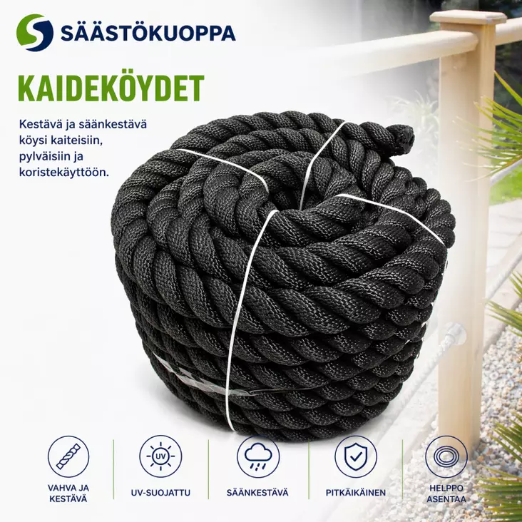 Kaideköysi 20m 35mm musta - Aitaverkot ja suojaverkot - 6438159308441 - 1