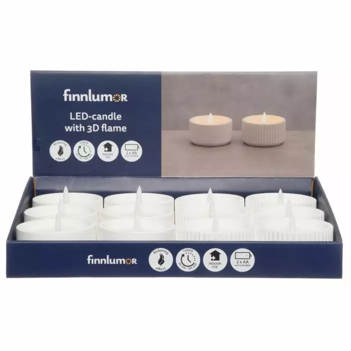 LED-kynttilä aidonnäköisellä 3D-liekillä. Kynttilä on sementtikipossa. Ajastintoiminto 6 h on/18 h off. Paristot 2 x AA (ei sisälly). - Led-kynttilät - 6410416374321 - 1