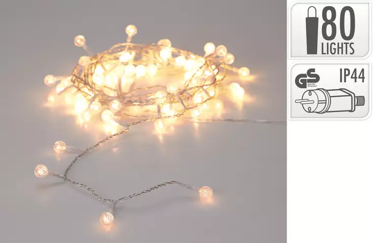 LED-valosarja 80 LED, lämmin valkoinen, koristepalloilla, IP44 - Jouluvalot - 8721037699631 - 1