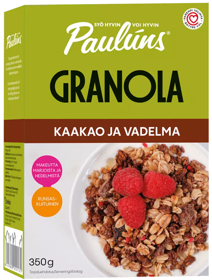 Paul`uns kaakao ja vadelma granola 350g - Murot, myslit ja hiutaleet - 6417800052131 - 1
