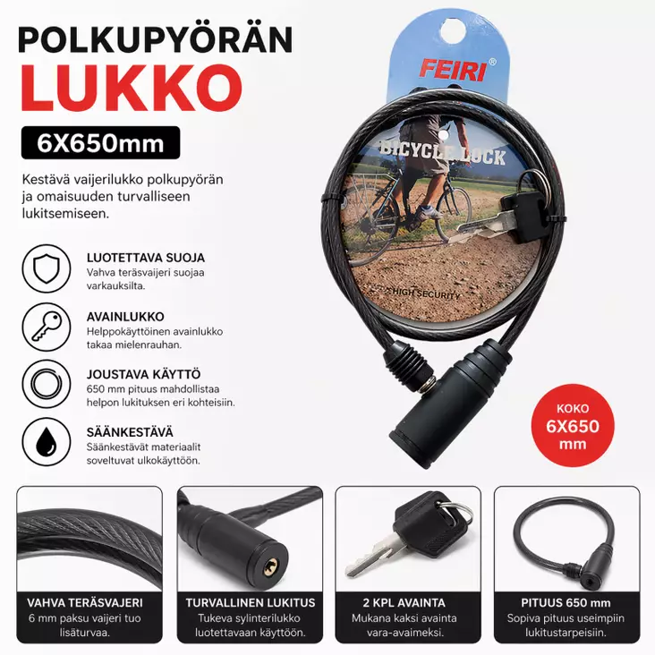 Polkupyörän lukko 6X650mm - Lukot - 6438159095341 - 1