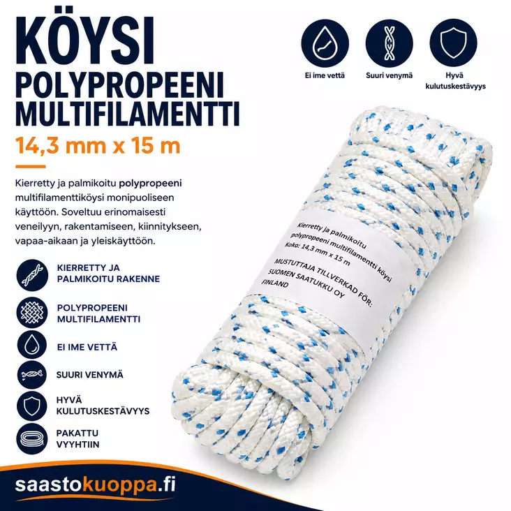 Polypropeeniköysi 14,3mm X 15m - Puhaltimet ja lämmittimet - 6438159022071 - 1