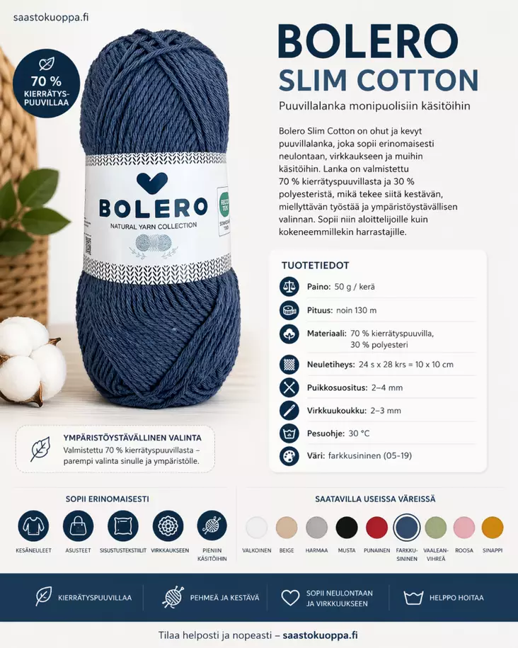 Puuvillalanka recycled Jeans blue 50g - Langat - 6438506011581 - 1
