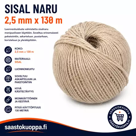 Sisalnaru 2,5mm 130m valkaistu - Narut ja köydet - 6438159247122 - 1