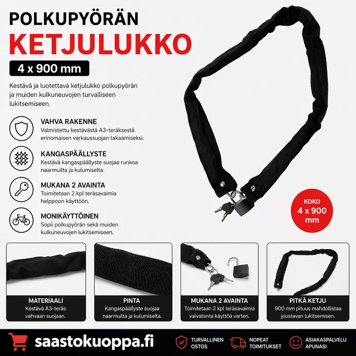 Polkupyörän ketjulukko 4X900mm - Lukot - 6438159095372 - 1