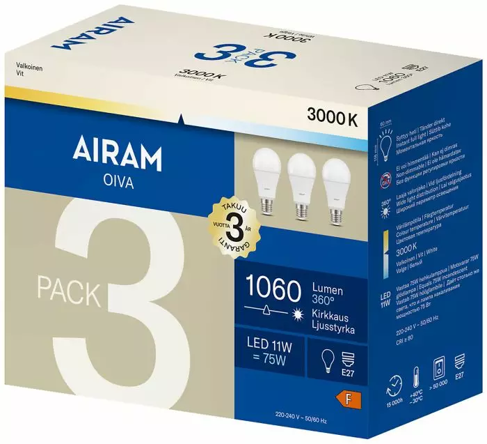 Airam oiva led-lamppu 1060lm E27 3kpl - Led-lamput - 6435200308702 - 1