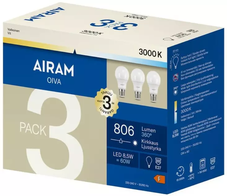 Airam oiva led-lamppu 806lm E27 3kpl - Led-lamput - 6435200308672 - 1
