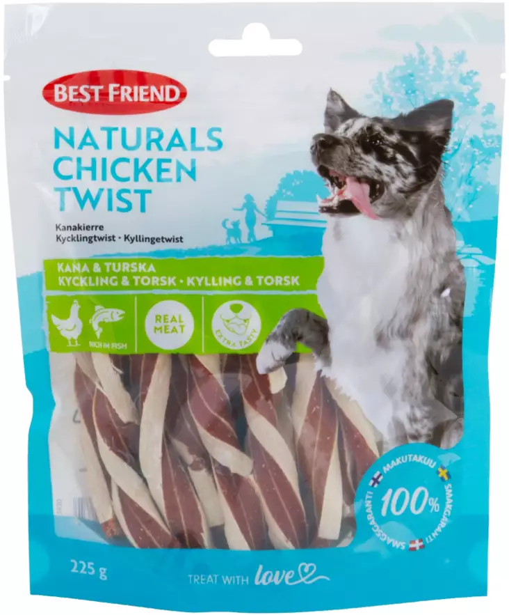 Best Friend Naturals Chicken Twist kanakierre on pehmeä ja maukkaan murea koiran herkku. Korkea lihapitoisuus ja herkullinen turska takaavat, että tämä makupala saa kaikki koirat twistaamaan palkkionsa eteen! Naturals Chicken Twist kanakierre sopii hyvin - Koiran herkut - 5700551172632 - 1