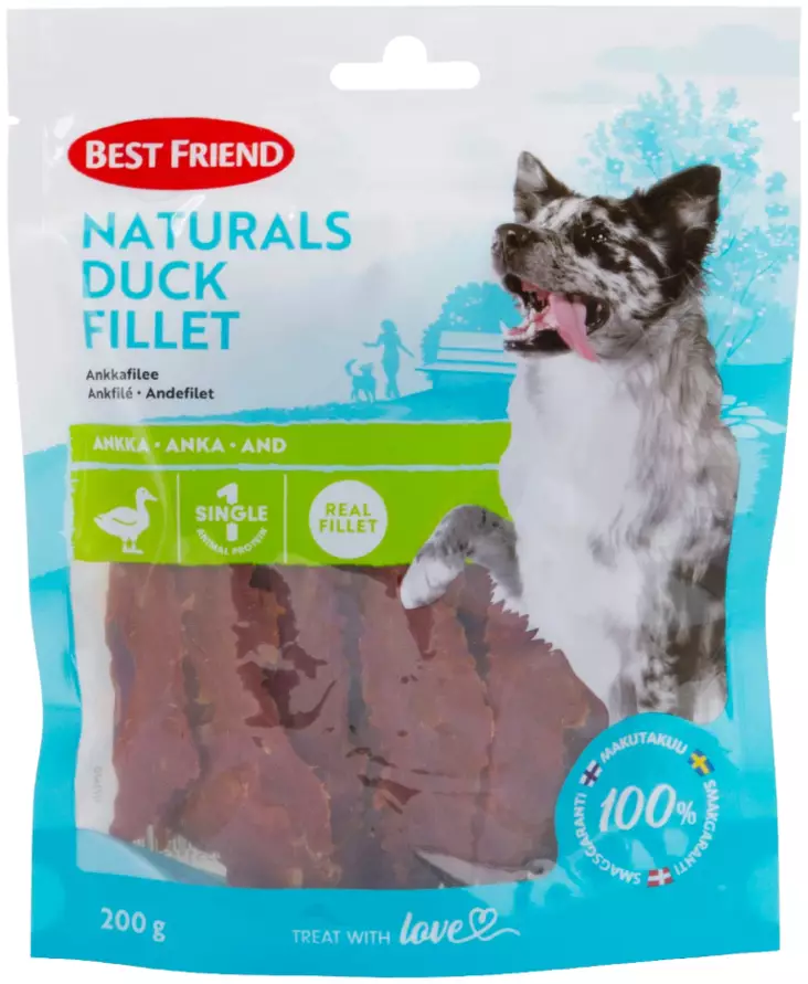 Best Friend Naturals Duck Fillet ankkafile on erittäin maukas, klassikko herkku, joka sopii kaikille aikuisille koirille. Tämä perinteinen paahdettu koiran makupala sisältää paljon proteiinia vain yhdestä proteiinilähteestä; aidosta ankkafileestä. Fileen - Koiran herkut - 5700551172472 - 1