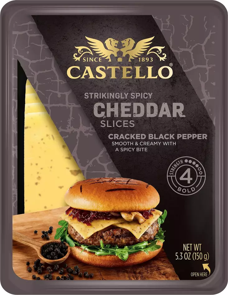 CASTELLO CHEDDAR MUSTAPIPPURI 150G - Kissat - 5000246727612 - 1