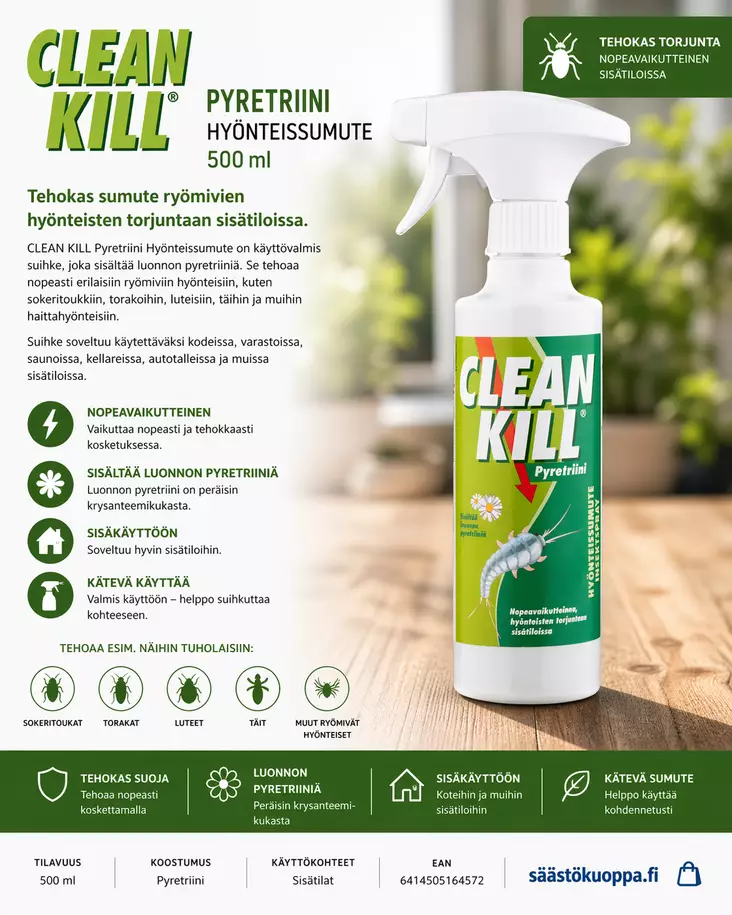 Clean Kill pyretriini 375ml - Tuhoeläinten ja rikkakasvien torjunta - 6414505164572 - 1