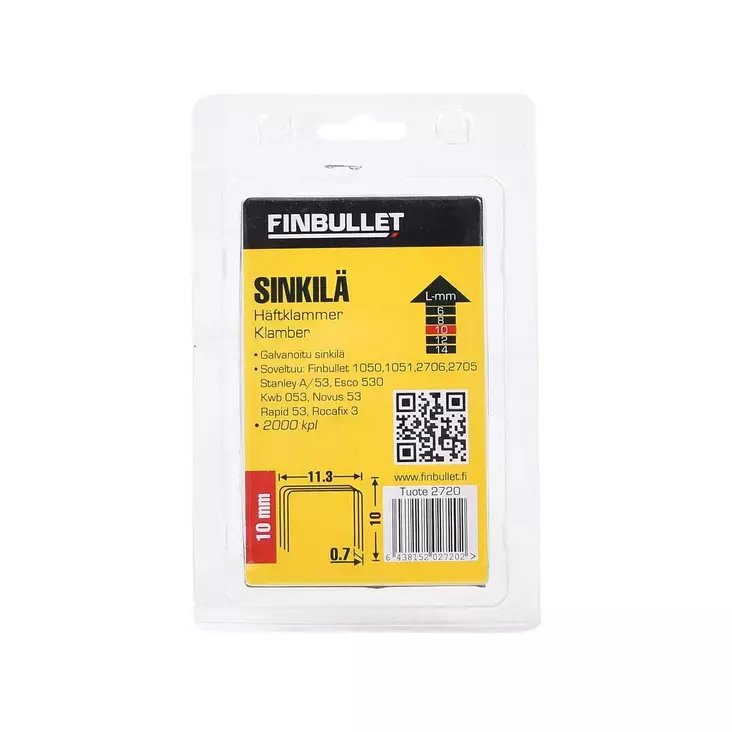 Finbullet Sinkiläniitti 53 10 mm 2000 kpl koko 11.3 x 0.7 x 10 mm - Niitit - 6438152027202 - 1