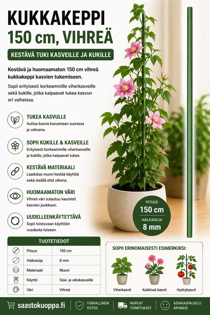 Kukkakeppi 150cm vihreä - Kasvien ja pensaiden tuet ja kehikot - 6438159099912 - 1