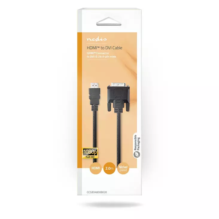Nedis HDMI-DVI -kaapeli 2m - Näyttökaapelit - 5412810288502 - 1