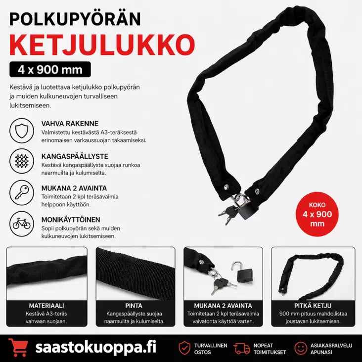 Polkupyörän ketjulukko 4X900mm - Lukot - 6438159095372 - 1