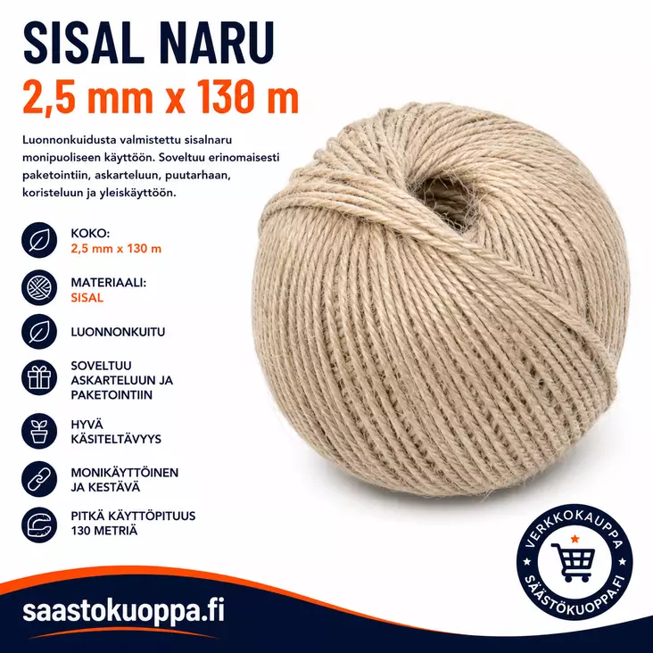 SISALNARU 2,5MM 130M /VALKAISTU - Narut ja köydet - 6438159247122 - 1