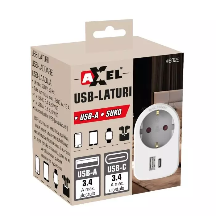 Usb laturi x 2, 3.4a, 5v dc pistorasia 16a ,250v-50hz - Muut sähkötarvikkeet - 6438152080252 - 1