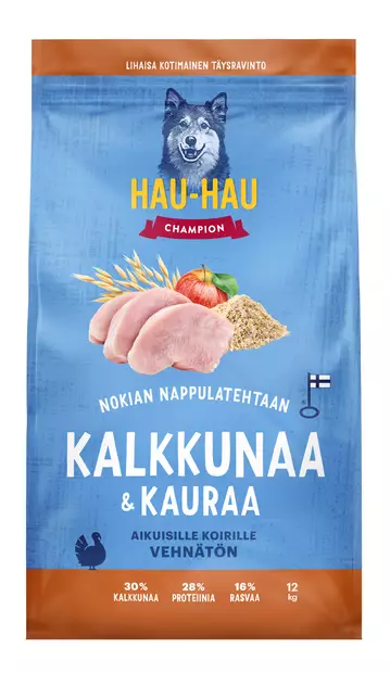 Hau-Hau Champion Nokian Nappulatehtaan Kalkkunaa & kauraa täysravinto aikuisille koirille 12 kg - Koiran kuivaruoat - 6438554000513 - 1