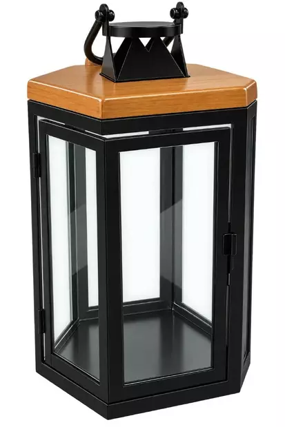 Kynttilälyhty kantikas teräs/puu 31cm - Ulko- ja sisälyhdyt - 6438159729093 - 1