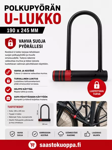 Polkupyörän U-lukko 190x245mm - Lukot - 6438159095303 - 1