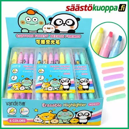 Pyyhittävä korostuskynä 6kpl koko 14.5cm - Tussit, kuitukynät ja korostuskynät - 6438506009663 - 1