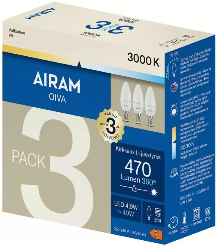 Airam oiva led-kynttilälamppu 470lm 3kpl - Led-lamput - 6435200308733 - 2