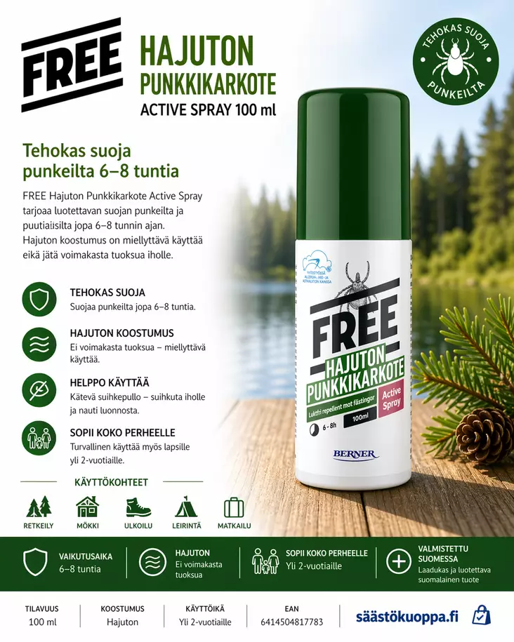 Free Punkkikarkote Active spray 100ml - Hyttysten karkoitus - 6414504817783 - 1