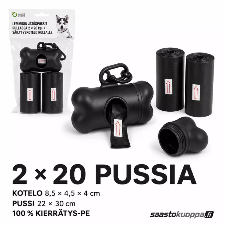 Koirankakkapussi 2x20kpl +säilytyskotelo - Koiran tarvikkeet - 6438159897693 - 1