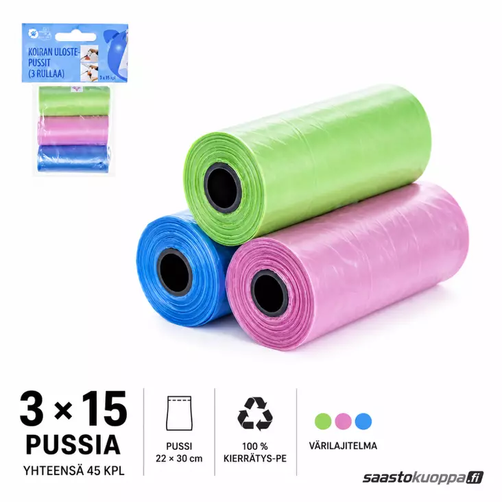 Koirankakkapussit 3x15 kpl - Koiran tarvikkeet - 6438159897723 - 1