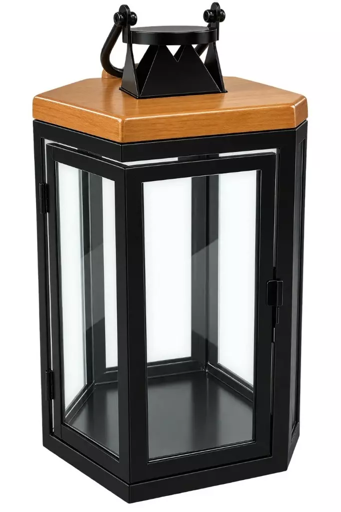 Kynttilälyhty kantikas teräs/puu 31cm - Ulko- ja sisälyhdyt - 6438159729093 - 1