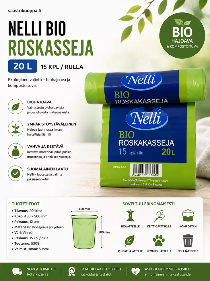 Nelli Bio roskakasseja 20l - Biojätepussit - 6438159083683 - 1