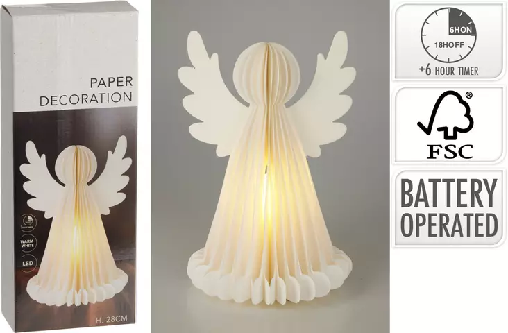 Paperienkeli 28cm led-valoila valkoinen - Joulukoristeet - 8721037645553 - 1